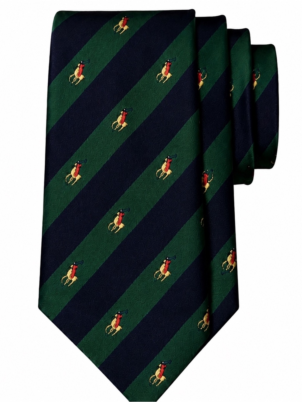 Handmade Silk Polo Player Tie Green Navy Striped Preppy Equestrian Mens